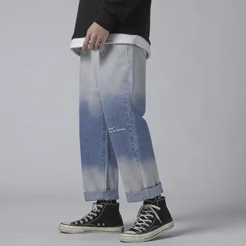 

#1446 Spring 2020 Vintage Wide Leg Jeans Men Loose High Street Gradient Color Streetwear Biker Jeans Men Fashions Hip Hop Jeans