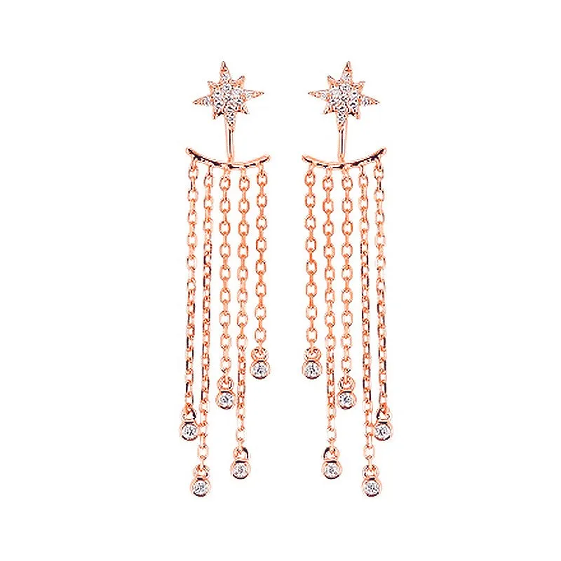 Rose Gold Милые женские серьги-капли в стиле бохо с маленькой звездой из циркона, элегантные серебряные Золотые сережки с кисточками, роскошные серьги для невесты для женщин - Окраска металла: Rose Gold