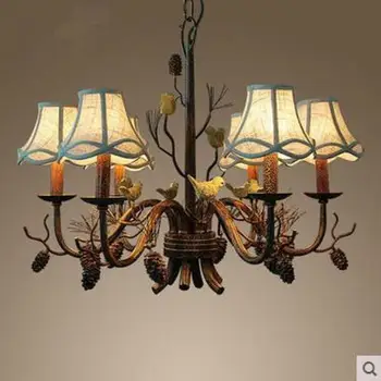 

Loft Pine Cone Chandeliers lamp Bar Antique Bird light Restaurant branch Chandelier for Living Room Iron rustic cloth lamp shade