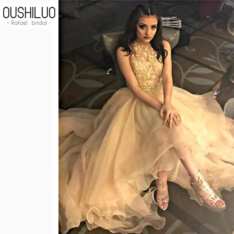 

Champagne Organza Puffy Asymmetrical Prom Dresses Sheer Neck Sleeveless Beading Rhinestone Saches Hi-Low Princess Party Wear