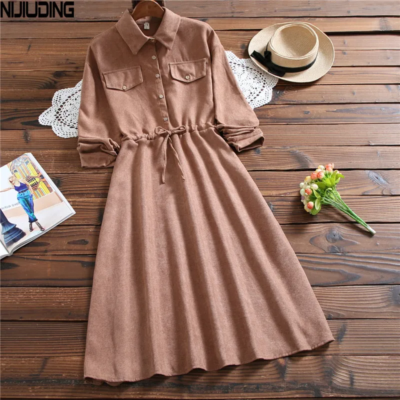 Tonglord Women Corduroy dress Long Sleeve Solid Slim A-line Party Dress Ladies Single Breasted Casual POLO Collar Corduroy Dress