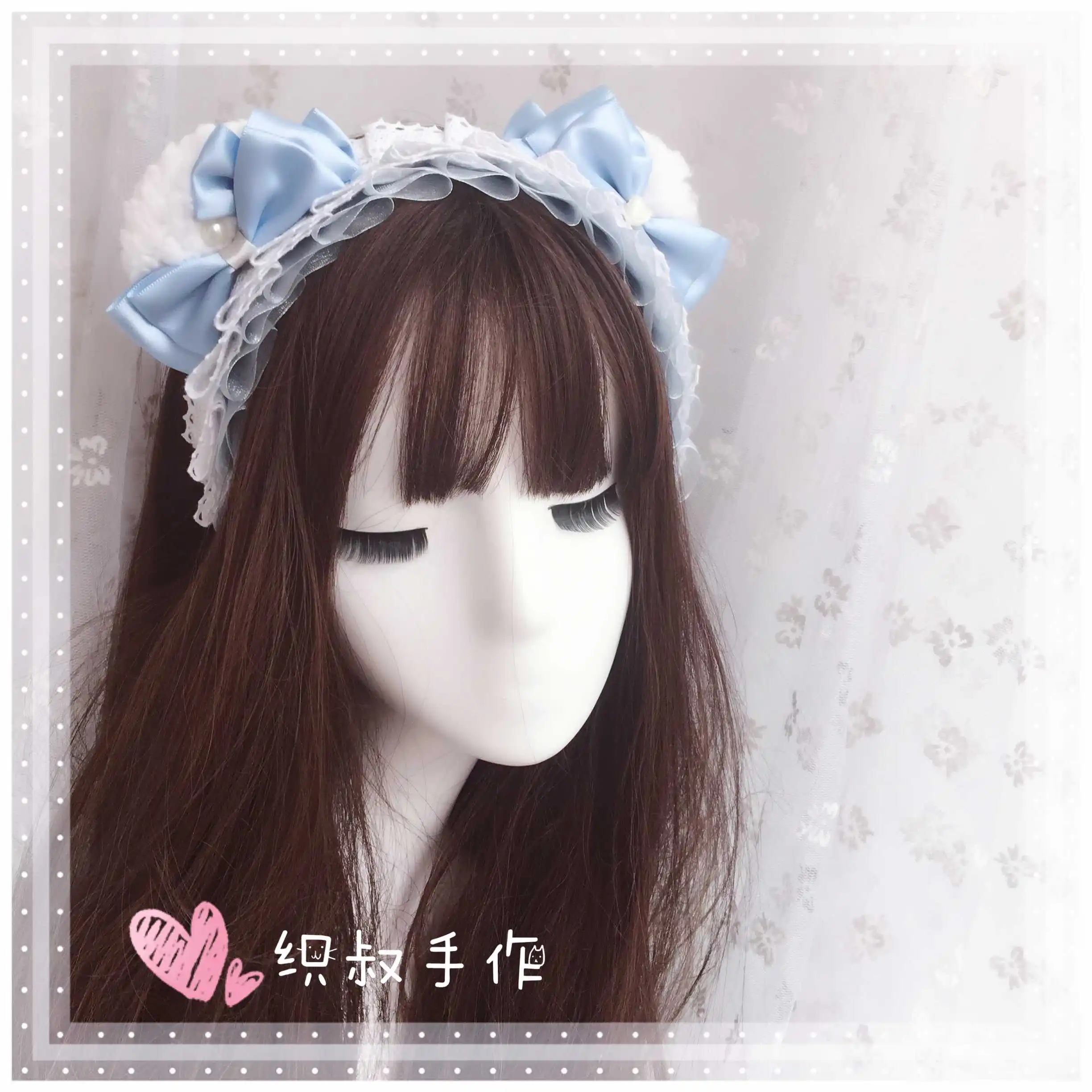 

Blue Sweet Japanese Kawaii Plush Bear Ear KC Headwear Lace Bow Headband Cosplay Hair Band Lolita Hair Accessories Hair hoop