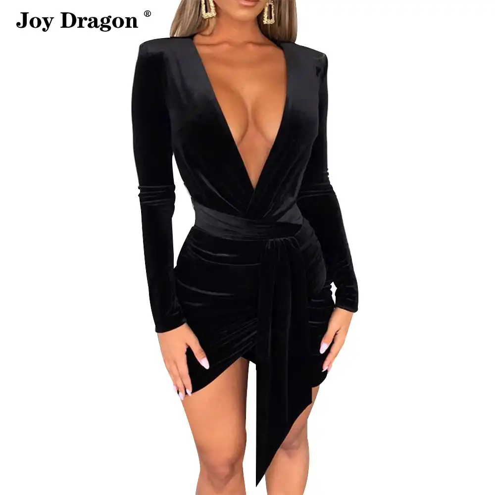 sexy deep v neck belt tie irregular mini bodycon dress
