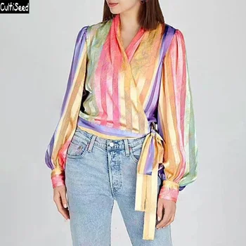 

Cultiseed Women Rainbow Striped Shirts Blouses Tops Female New Fashion V neck Lacing up Bow Shirts Ladies Office Work Shirts
