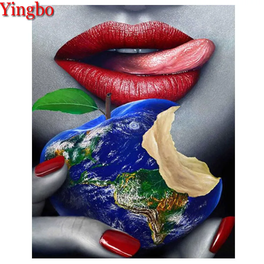 Diamond Embroidery Fashion Women red Lips and Apple Pictures Painting 5d cross stitch Mosaic Wall Sticker Murals | Дом и сад