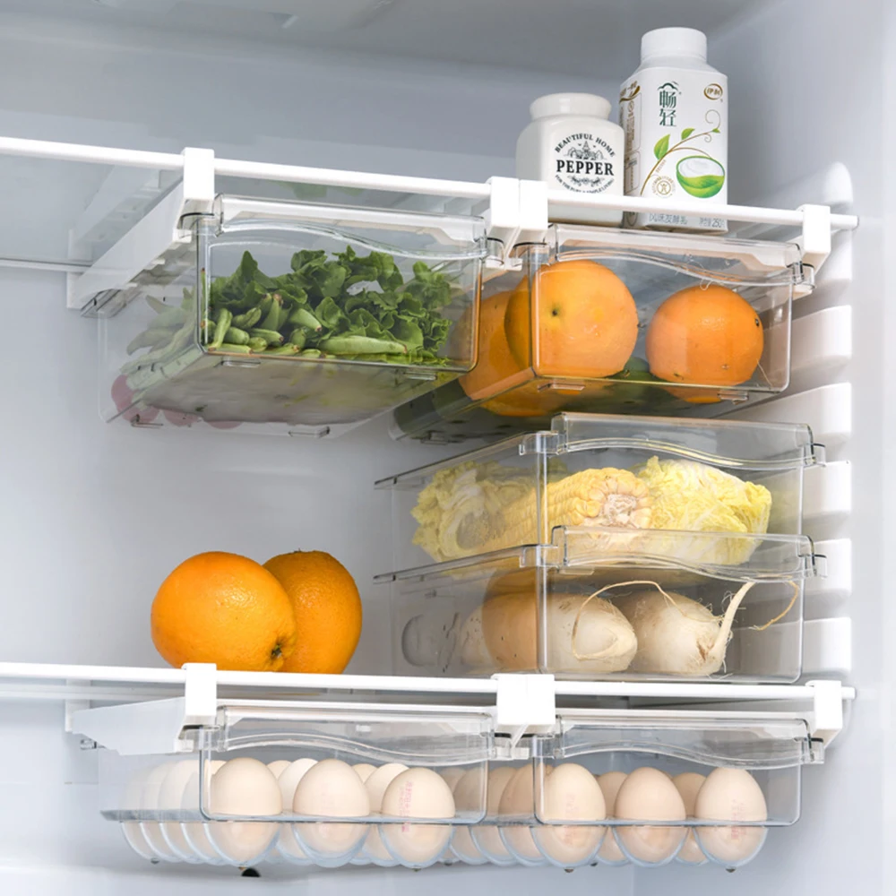 

Plastic Clear Fridge Organizer Slide Under Shelf Drawer Box Rack Holder Refrigerator Drawer Kitchen Fruit Food Egg Storage Box