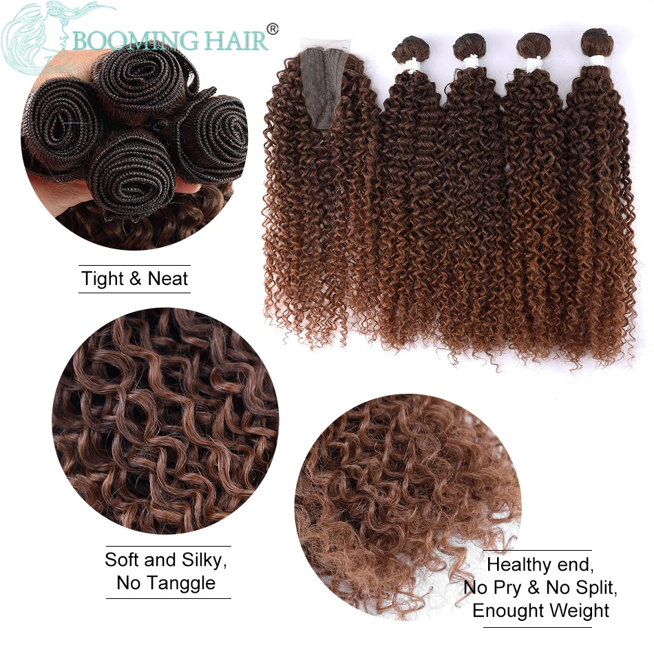 Kinky Curly Hair Bundles With Closure Synthetic Afro Curls Wave Soft Extensions Black Blonde 5PCS/Lot Full Head