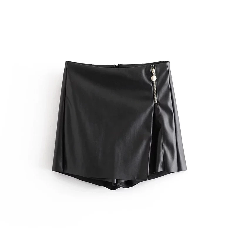 Увядшая юбка-кюлот из искусственной кожи на молнии в английском стиле для женщин faldas mujer moda мини-юбки для женщин - Цвет: Черный