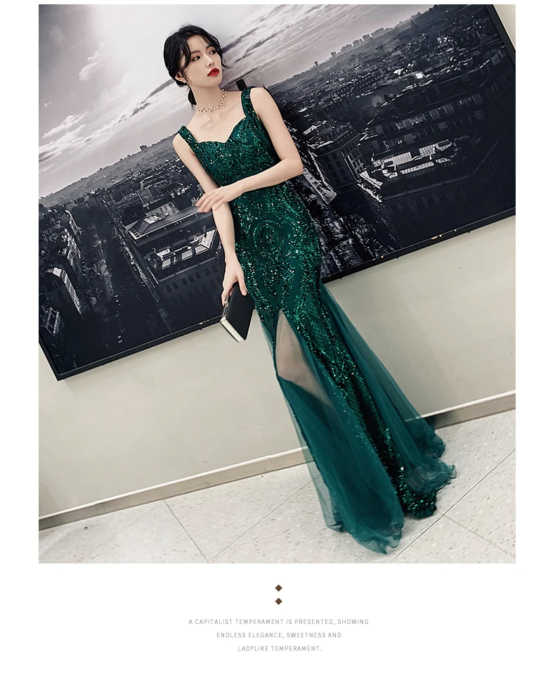 Новое темно-зеленое длинное платье-Русалка на тонких бретельках sequines сексуальное дамское вечерное платье для женщин вечернее платье