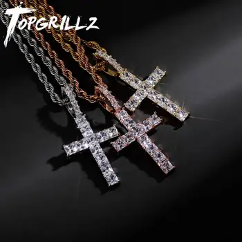 

TOPGRILLZ Iced Zircon Baguette Cross Pendant With 4mm Tennis Chain Men's Hip hop Jewelry Gold Silver Color CZ Pendant Necklace