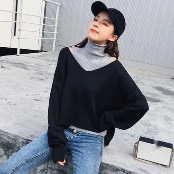 

Fashion 2019 Fall Off Shoulder Turtleneck Casual Sweater Long Sleeve Knitted Pullovers Asymmetrical Loose Sweater Two Pieces