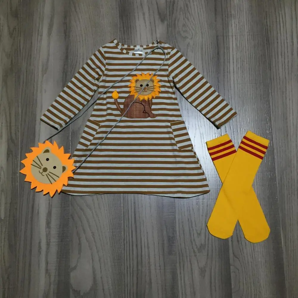 

spring/winter baby girls outfits dress stripe lion cotton milk silk boutique mustard clothes knee length match socks and purse