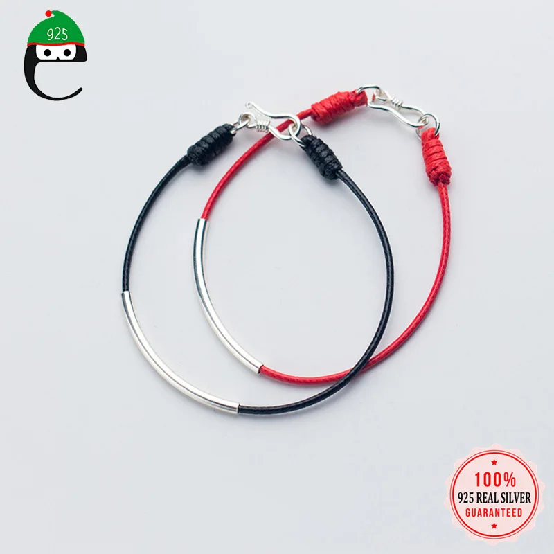 ElfoPlataSi 100% 925 цельное Настоящее серебро черный красный веревочный браслет 15 16 17 18 19