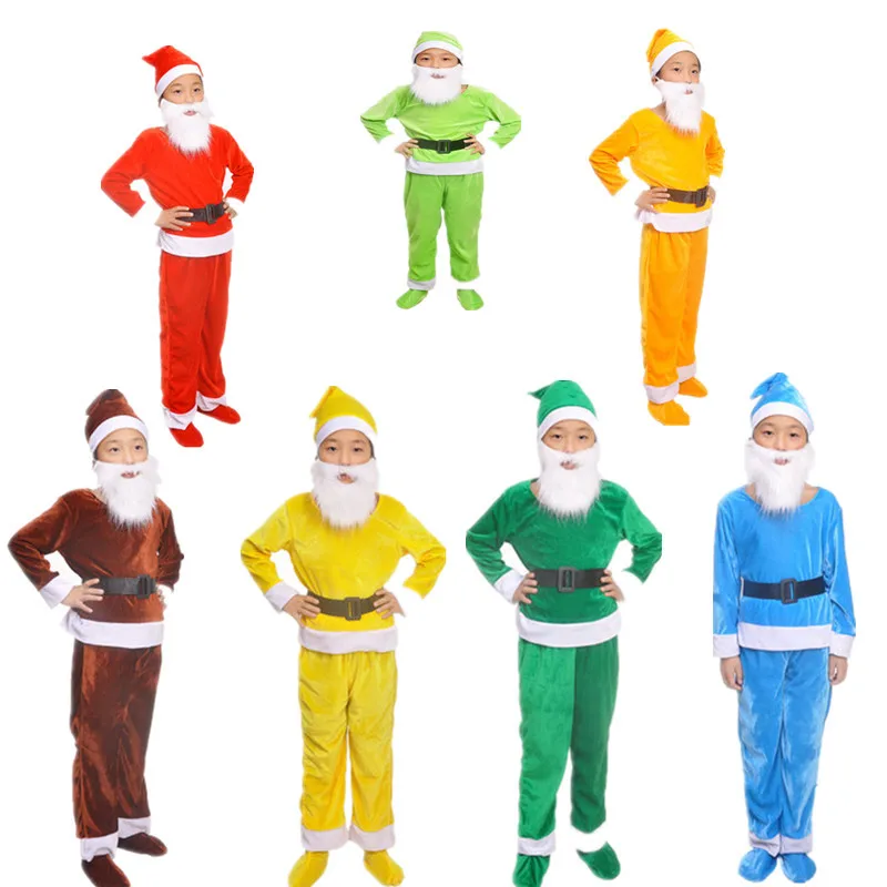 

Fairy Cartoon Seven Dwarf Group Costume Child Boys Carnival Festival Cosplay Elf Elven Outfit For Kids Top+Trouser+Beards+Hat