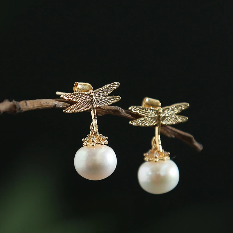 

Freshwater Pearl Earrings 925 Sterling Silver Earrings Women Gold Dragonfly Stud Earrings Feminine Jewelry Earring