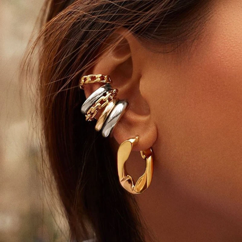 

Punk Rock Gold Color Clip Earrings No Piercing Trendy Link Chain Earcuffs Statement Cartilage Earrings for Women Party Jewelry