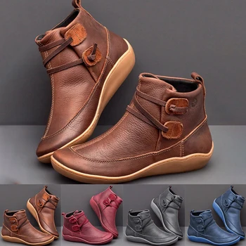 

Dropshipping Women PU Leather Ankle Boots Winter Snow Boots Flat Shoes Ladies Shoes Short Plush Strap Vintage Botas Mujer