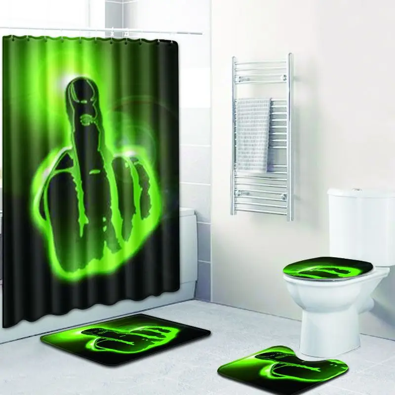 

4PCS/SET Cartoon Print Bathroom Shower Curtain Waterproof Polyester Modern Anti-slip Pedestal Rug Lid Toilet Cover Mat Bath Mat
