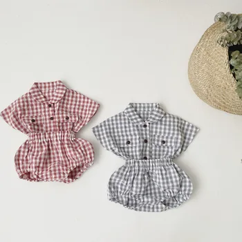 

2020 Summer Infant Baby Sets Short Sleeve Plaid Shirt and Shorts