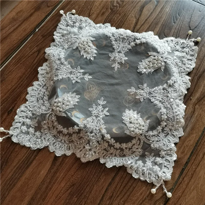 

Seiko European Lace Embroidery Bead Pendant Square Placemat Coaster Balcony Bedroom Coffee Table Fruit Tray Mat Wedding Decor