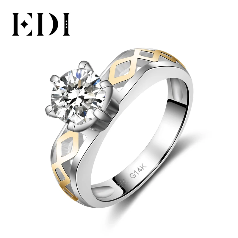 Женские свадебные кольца EDI Solitaire Moissanite обручальные из желтого белого золота 14 к