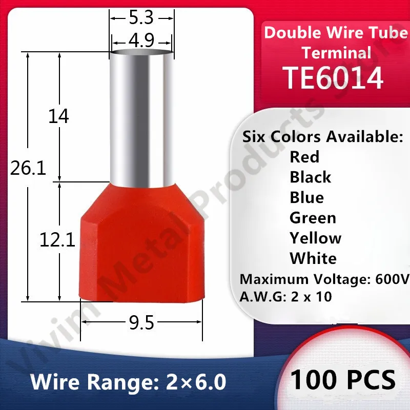 

100PCS TE6014 Double Pipe 0.5~6.0² Cold Pressed End Double Wire Tube Shaped Insulated Tubular Terminal
