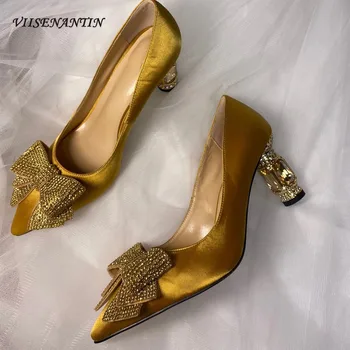 

Luxurious Strange Crystal Heel Slip-on Shallow Pumps Gold Satin New Party Weddind Shoes Pointed Toe Butterfly Knot Shoes Women