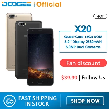 

DOOGEE X20 Mobile phone MTK6580A Quad Core 1GB RAM 16GB ROM Dual Camera 5.0MP+5.0MP Android 7.0 2580mAh 5.0''HD Smartphone WCDMA