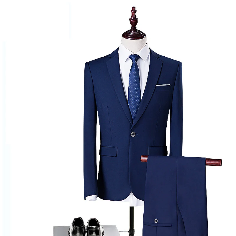 Мужские повседневные свадебные костюмы, пиджак на выпускной, брюки, 2 предмета, черная официальная деловая рабочая одежда, мужской костюм на одной пуговице, Mariage Homme - Цвет: Blue