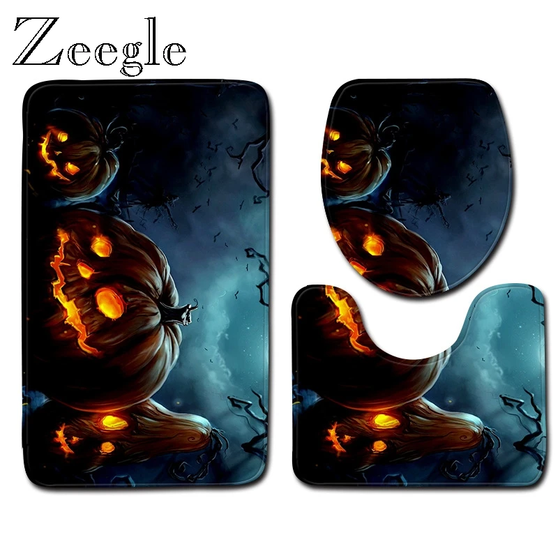 Zeegle Halloween Bath Mat Set Toilet Rug Home Toilet Pedestal Rug Shower Room Rug Polyester Anti Slip Shower Carpet Modern Rug