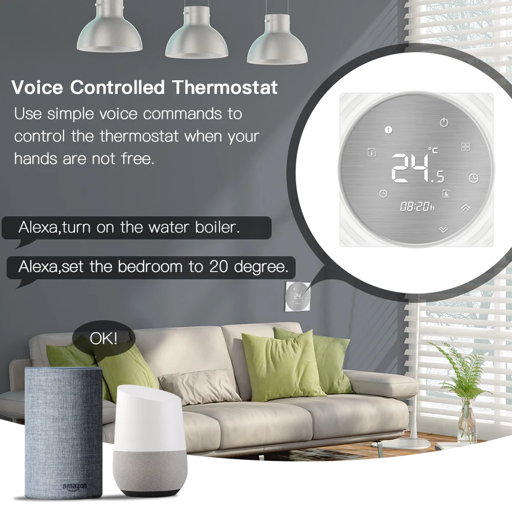 Wifi Smart Thermostat Water Floor Heating Metal Brushed Panel Smart Life/Tuya APP Remote Control Works with Alexa Google Home