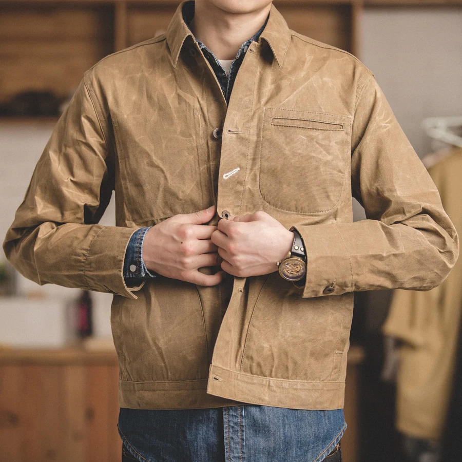  MADEN Men's Waxed Canvas Cotton Jacket Military Light Spring Work Jacket Khaki