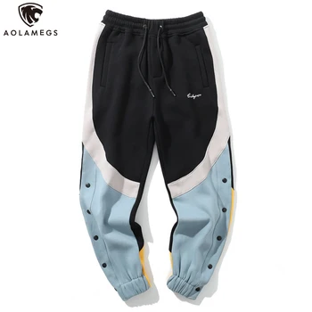 

Aolamegs Sweatpants Patchwork Men Pants Elastic Waist Drawstring Side Button Casual Pants Soft Comfortable Hip Hop Streetwear