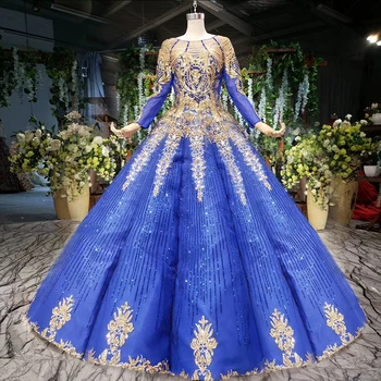 

BGW New Royal Blue Evening Dress Long O-neck Long Sleeve Lace Up Back Floor Length Evening Gowns Swollen Vestidos De Novia 2020