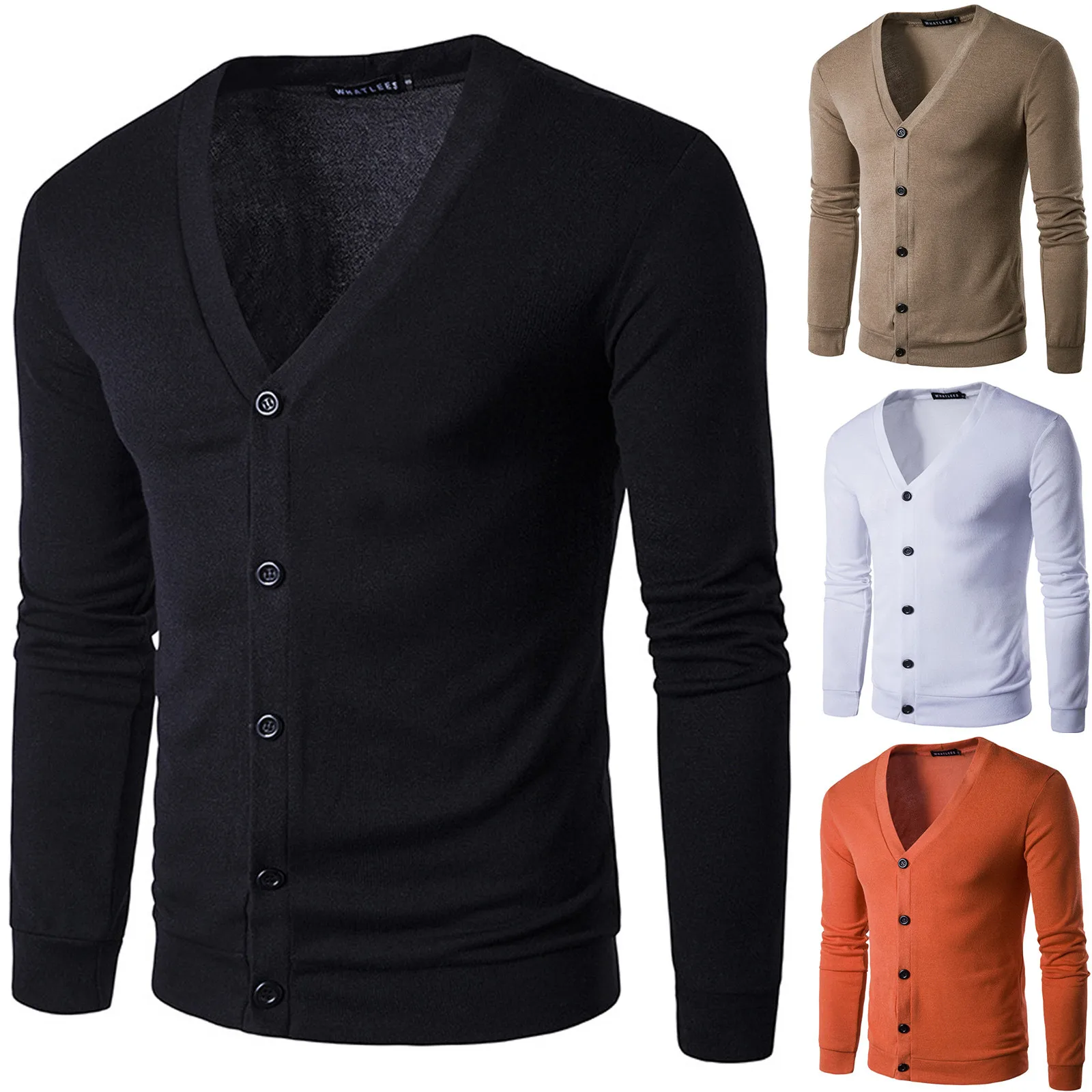Suéter ajustado de manga larga para hombre, prendas de vestir informales, cárdigan, chaqueta, moda juvenil, Color sólido, cuello en V