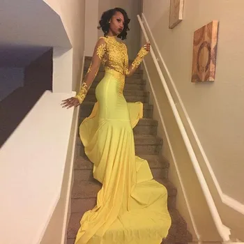 

Pretty Yellow African Lace Appliqued Prom Dress Mermaid Long Sleeve Banquet Evening Party Gown Custom Made robe de soriee