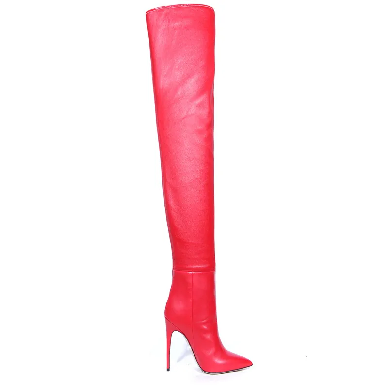Женские зимние сапоги выше колена на высоком каблуке, Женская пикантная обувь с острым носком, женские красные сапоги на шпильке, до бедра