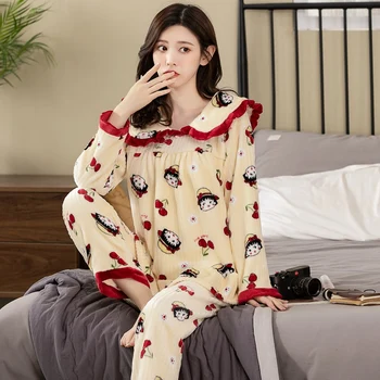 

2020 Winter Thick Warm Long Sleeve Flannel Pajama Sets For Women Cute Coral Velvet Sleepwear Homewear Pijama Mujer Home Clothes