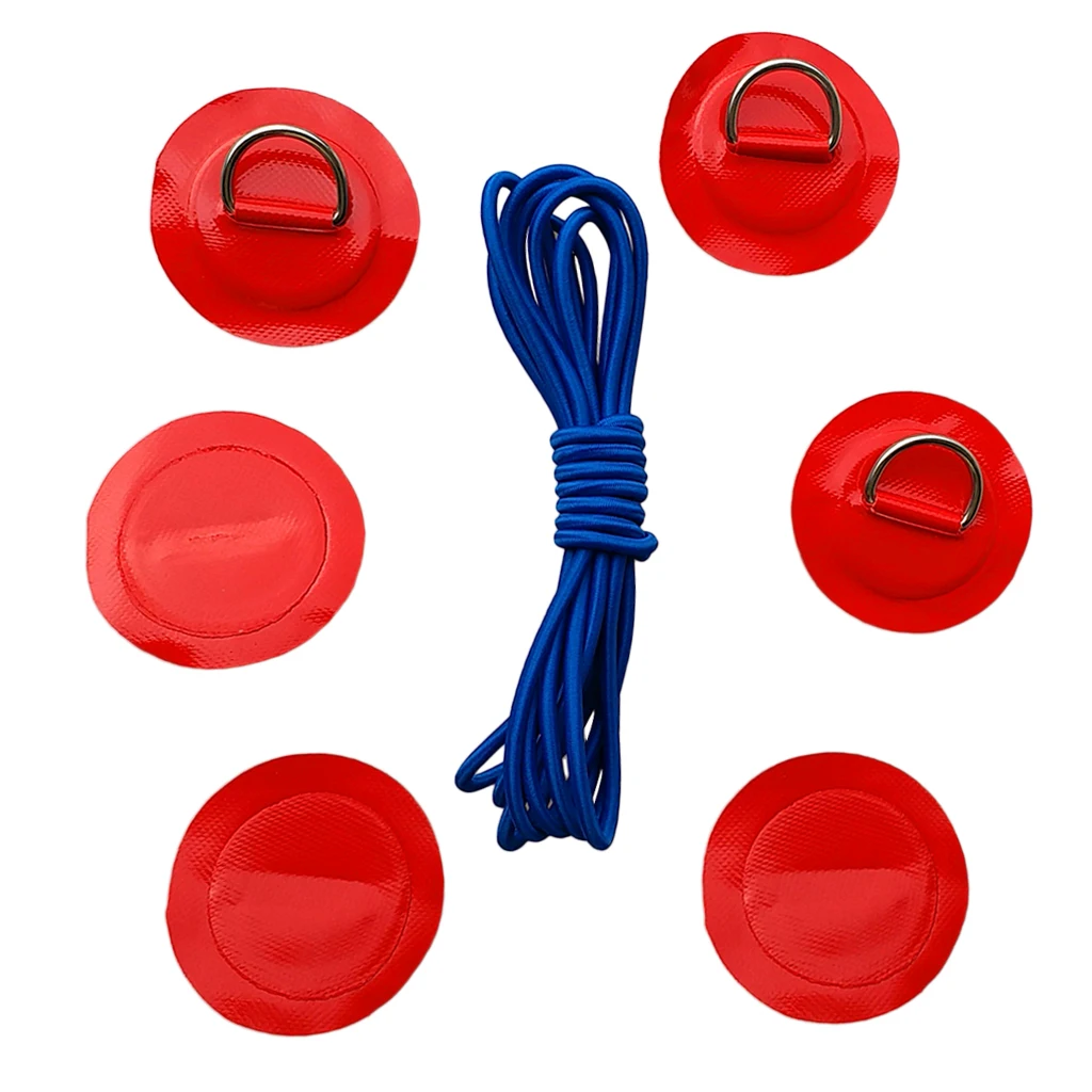 6Pcs Inflatable Boat Kayak SUP D-ring Patch & Elastic Shock Cord Set- 6 Colors Dinghy D Ring Round Patch