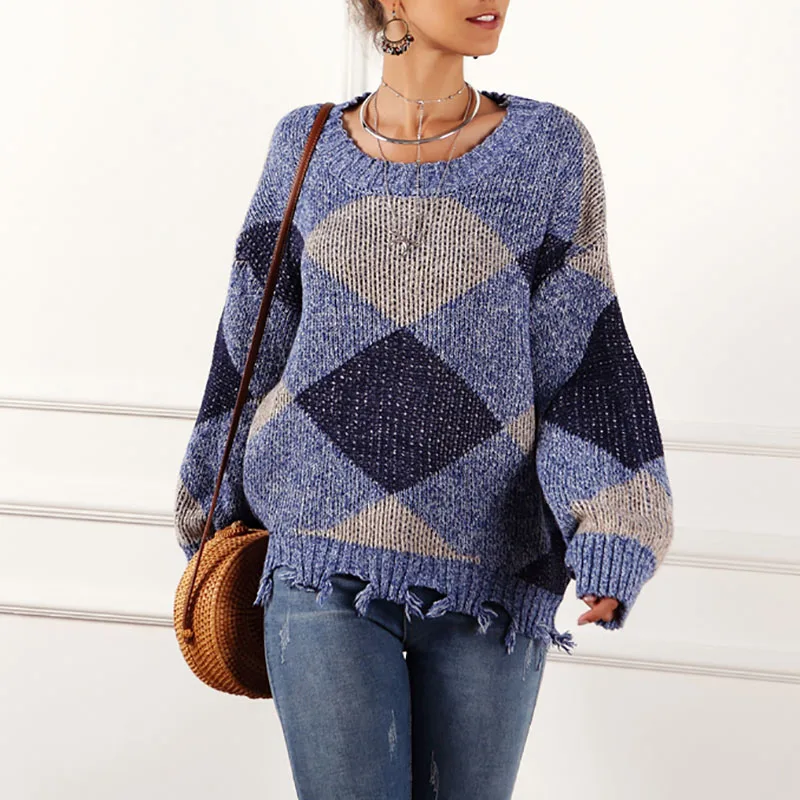 Свободный клетчатый свитер, повседневный пуловер с круглым вырезом, Женский вязаный свитер, зимние женские толстые свитера с длинным рукавом