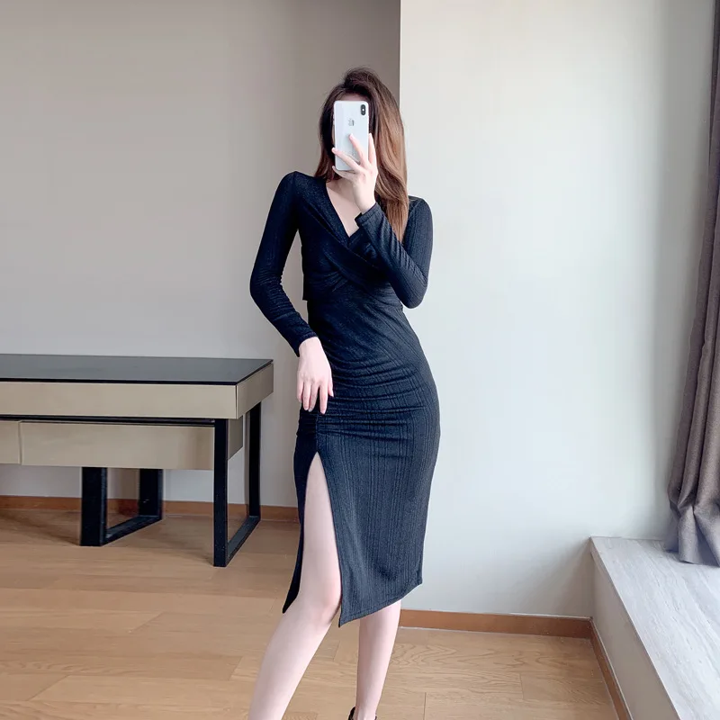 

2022 Autumn High End V-neck Bodycon Dress Women Classy Sexy Bandage Dress Long Sleeves Draped Slim Slit Wrap Midi Dress Vestidos