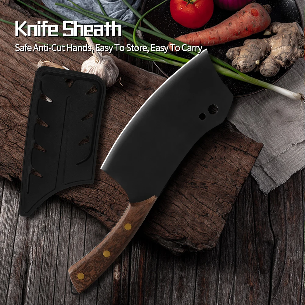 3cr13不锈钢棕色原木三铜钉弯柄哑光面带双孔7寸小菜刀(机器冲压,刀面不规则,柄尾带挂孔,配千羽型钢刀套详情页_08