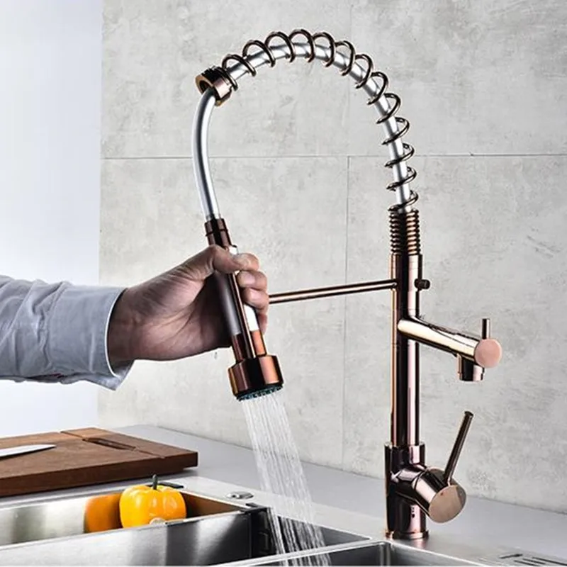 

LASO flexible kitchen tap gold-plated multi-functional spring dish faucet all copper hot and cold rotary pull kitchen faucet