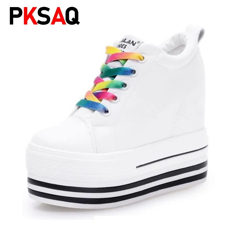 

2019 New 12CM Heels Wedge Canvas Shoes Woman High Platform Sneakers Vulcanized Shoes Hidden Heel Height Increasing Casual Shoes