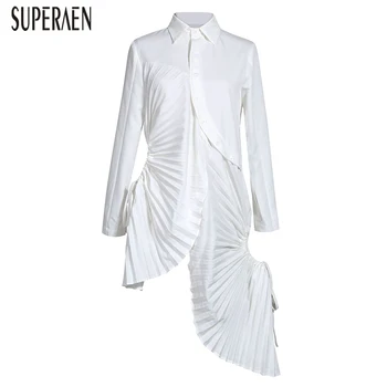 

SuperAen Europe Fashion Women Shirt Dress 2020 Spring and Summer New Ladies Dress Irregular Solid Color Women Clothing