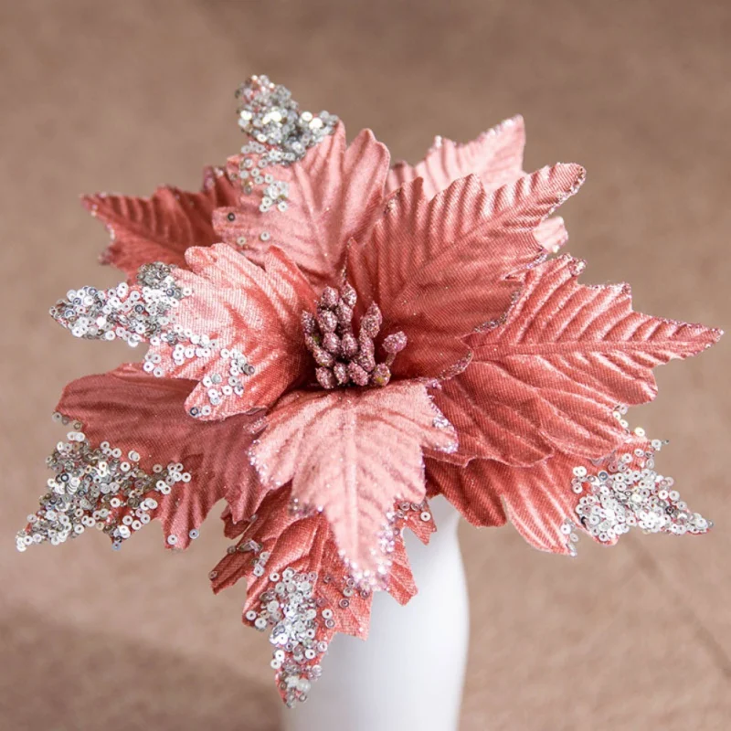 Искусственные Рождественские Цветы 25 см, блестящие украшения для рождественской елки, вечерние украшения, искусственные цветы