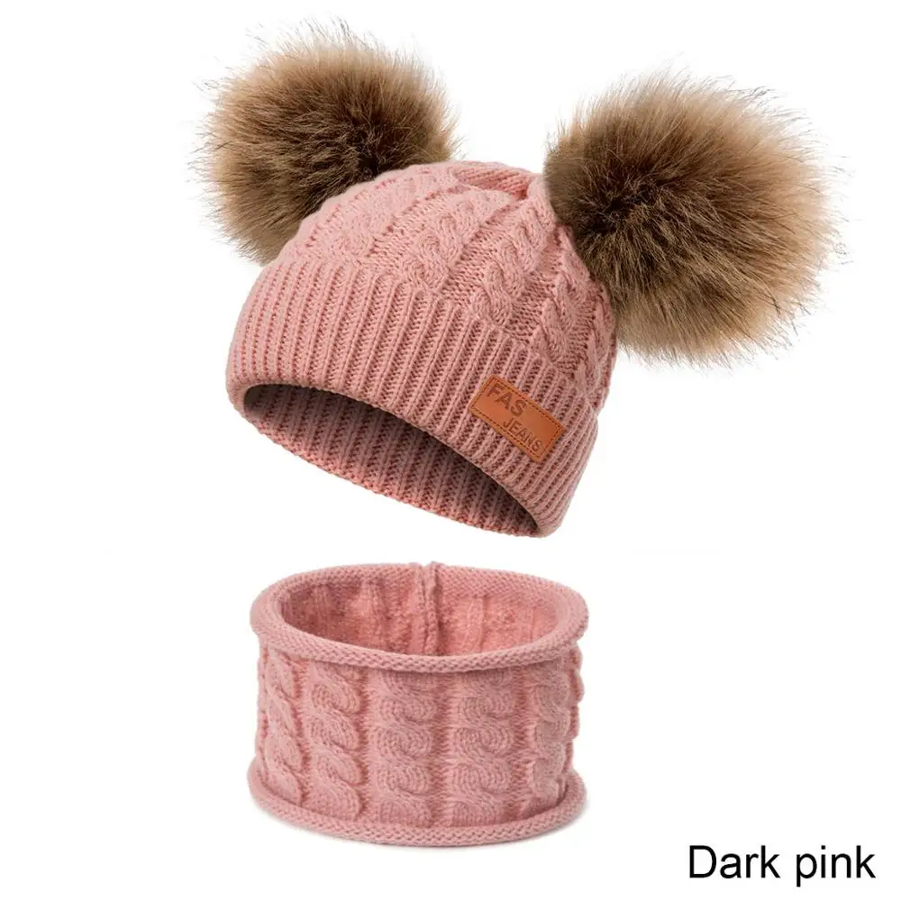 dark pink2 Модная теплая зимняя шапка с меховым помпоном и шарф, комплекты для детей, для девочек, комплект из 2 предметов, вязаная шапка унисекс, шарф, теплые аксессуары - Цвет: dark pink2