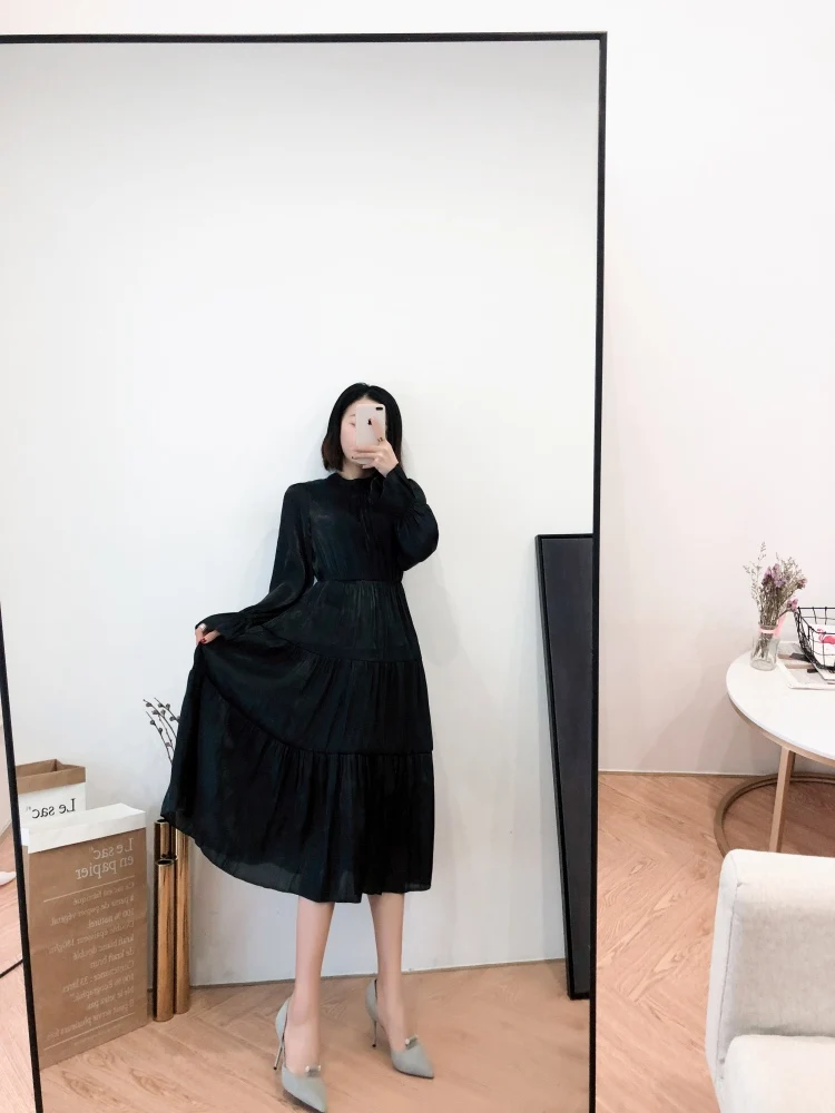2020 Spring White Lotus Leaf Dress Women French Niche Over The Knee Foreign Style Retro Long Sleeve Cake Dress Female
