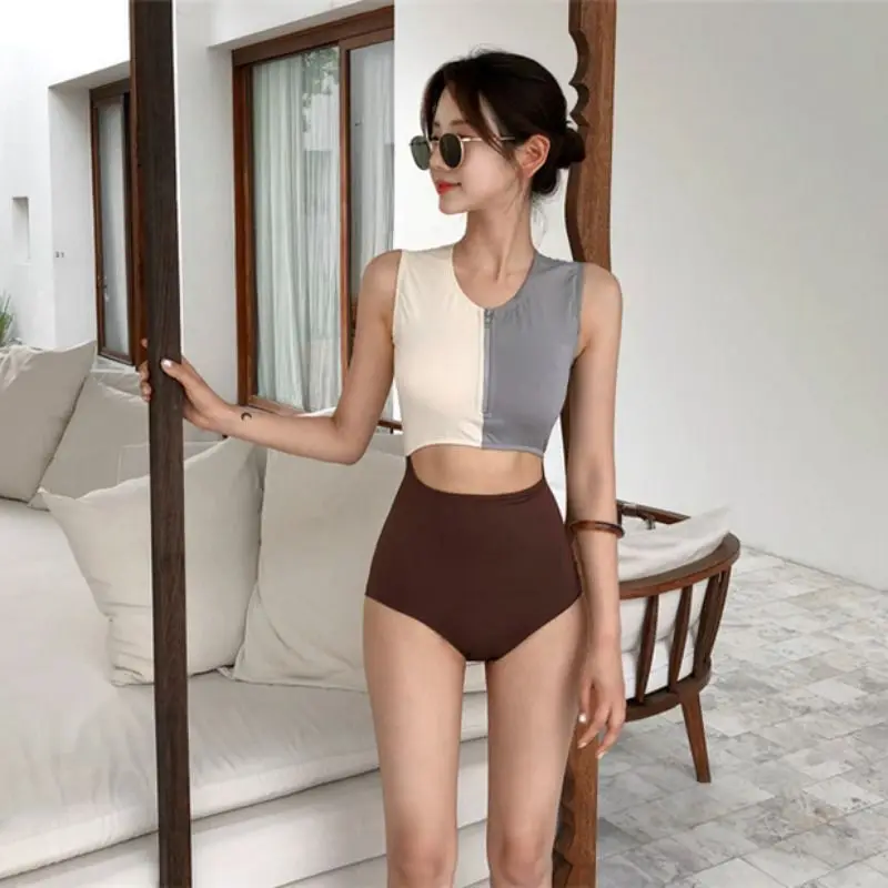 

Women Sexy Zipper Color Matching Openwork Briefs Swimsuit High Waist Two-Piece Split Swimsuit //