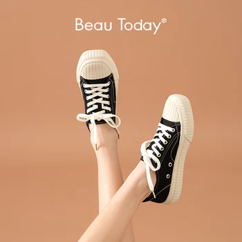 

BeauToday Sneakers Women Canvas Vulcanized Shoes Cross-Tied Round Toe Striped Female Casual Flat Shoes Handmade 29073